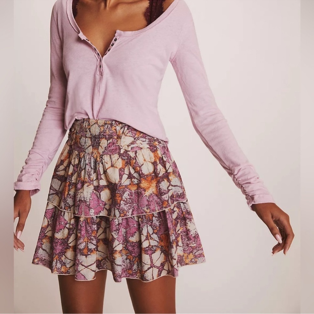 Anthropologie Let Me Be Cream Purple Tiered Ruffle Mini Skirt